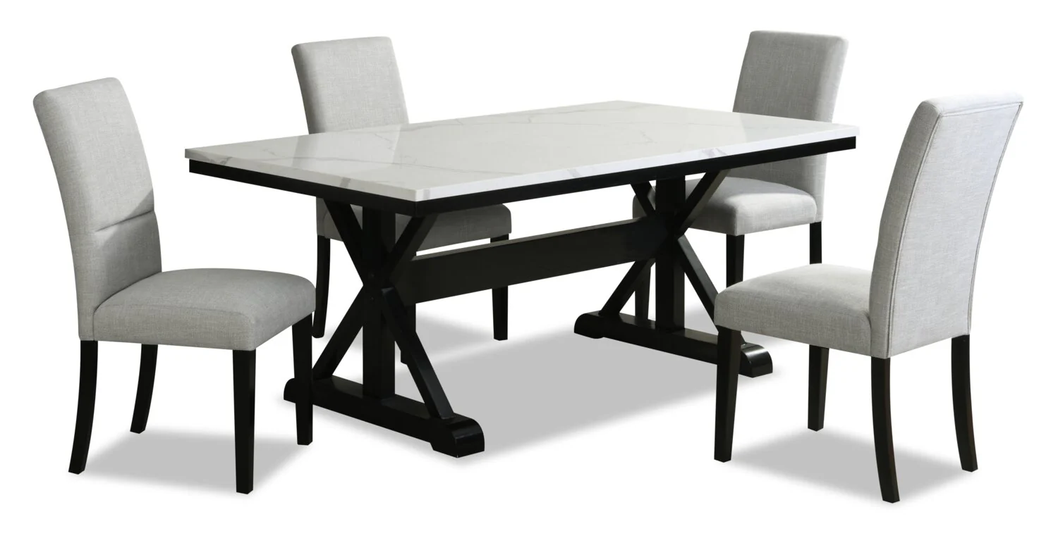 Verona 5pc Dining Set with Table & 4 Chairs, Culture Marbled Top, Trestle Base, 70"W - White