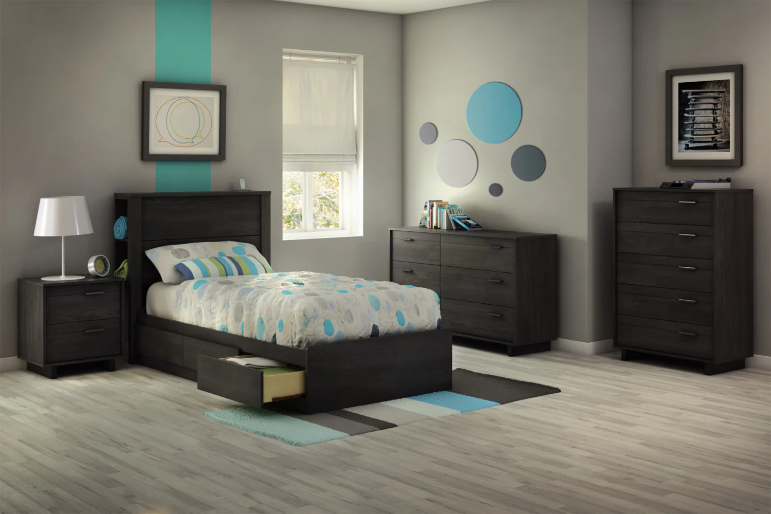 Fynn Twin Mates Bed With 3 Drawers - Grey Oak