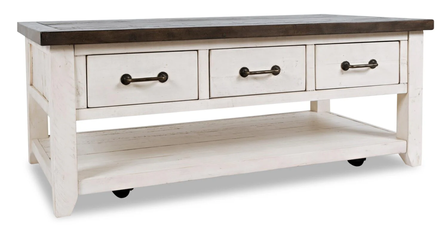Morgan 48" Rustic Coffee Table With Storage, Shelf and Casters - White with Reclaimed Wood