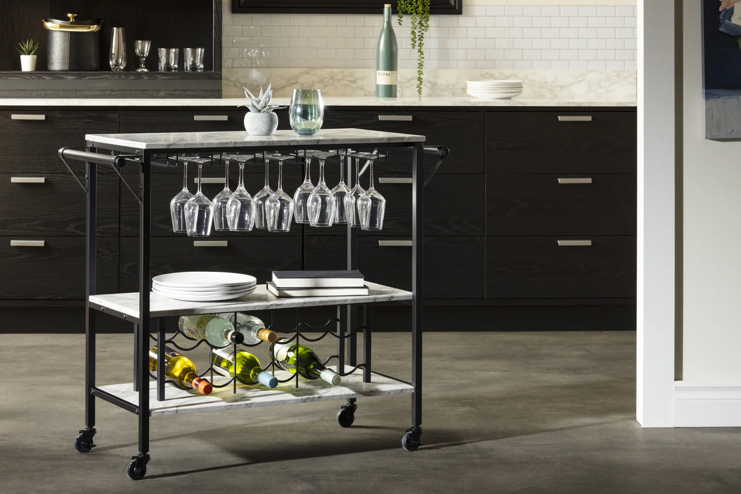 Maliza Bar Cart With Wine Bottle Storage And Wine Glass Rack - Faux Carrara Marble