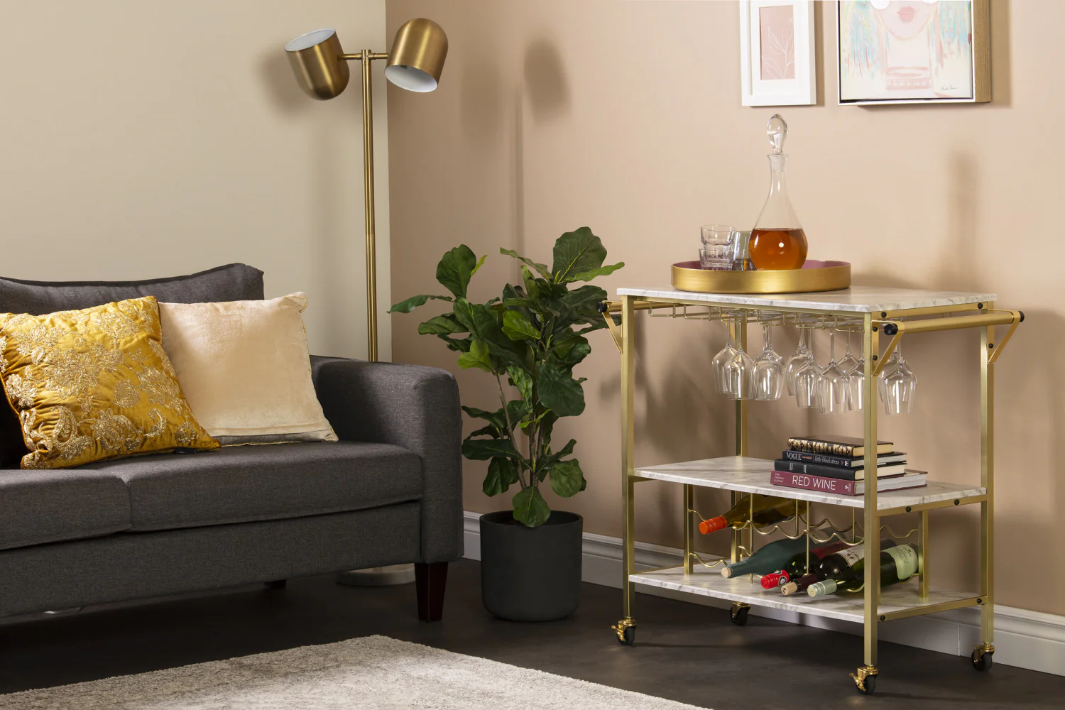 Maliza Bar Cart With Wine Bottle Storage And Wine Glass Rack - Faux Carrara Marble And Gold