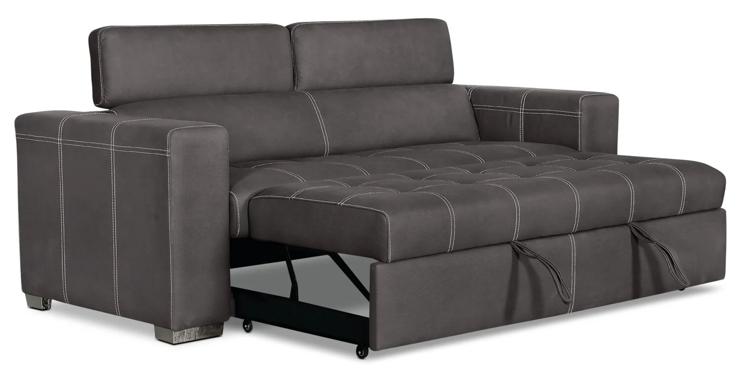 Drake 87" Faux Suede Fabric Sleeper Sofa with Pull Out Sleeper, Flip-Up Headrests and Button Tufting - Grey