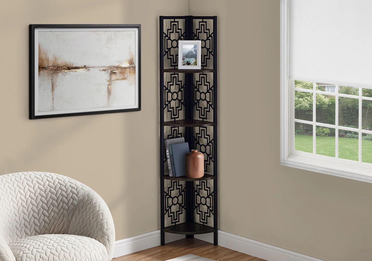 Espresso Black Metal Corner Etagere Bookcase
