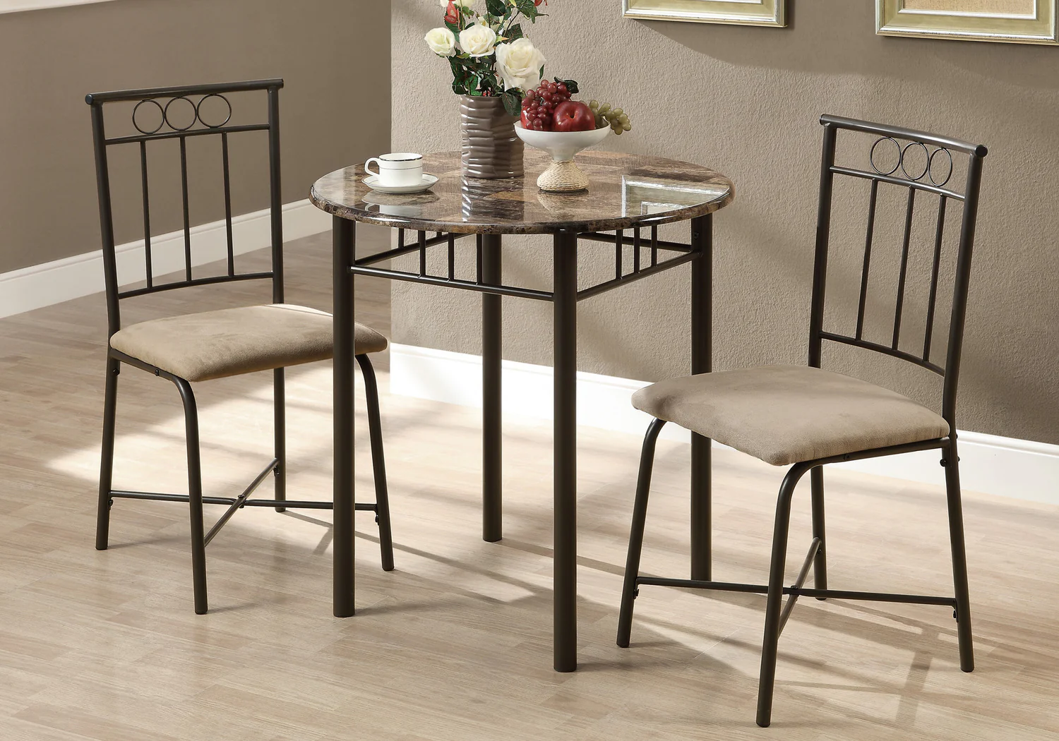3pcs Set Espresso Marble Bronze Metal Dining Set