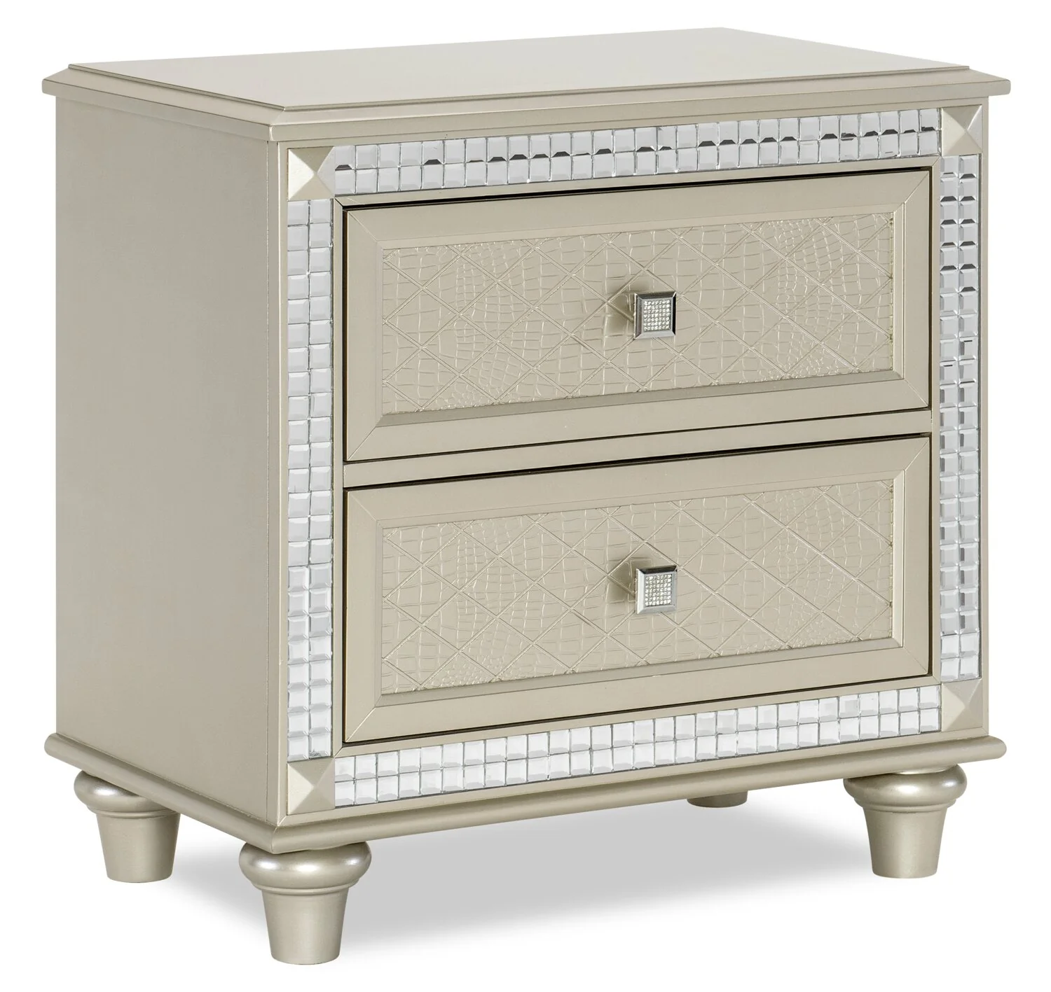 Tyra Bedside 2-Drawer Nightstand, 28"W x 29"H, Glam - Champagne