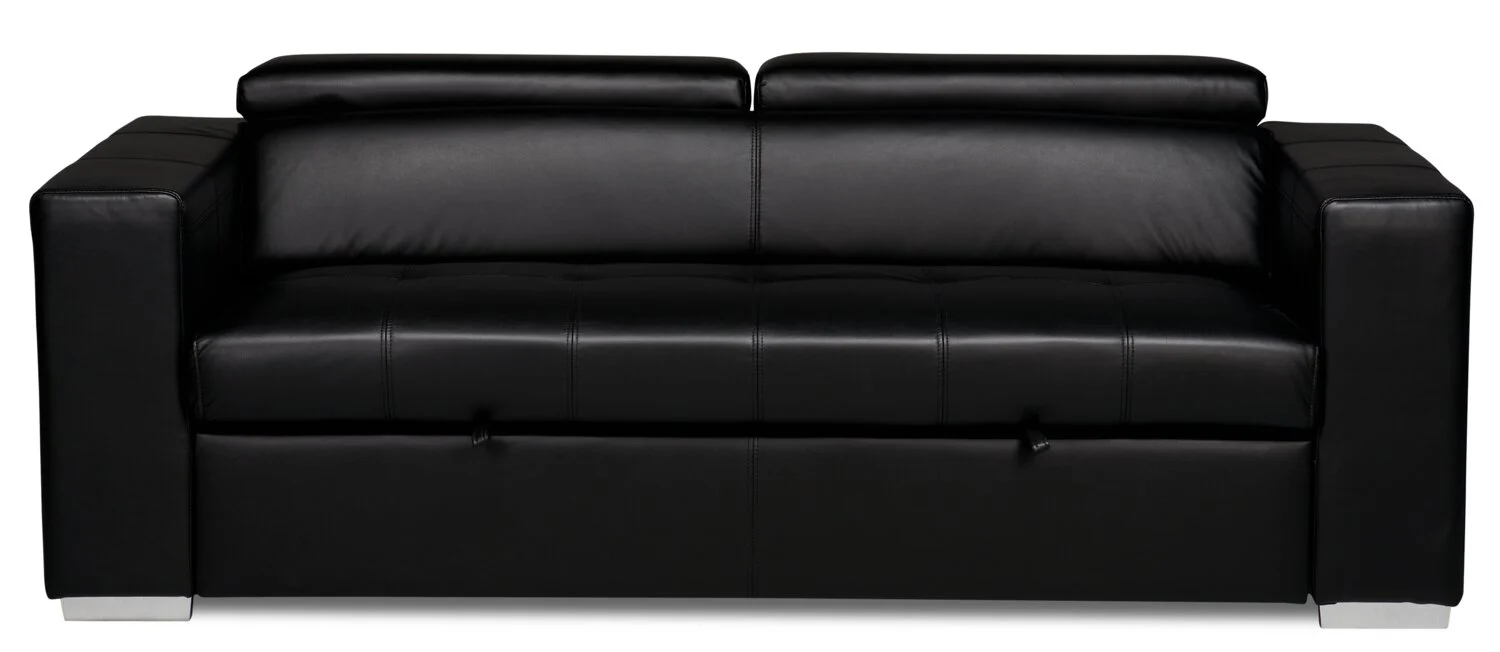 Drake 87" Leather-Look Fabric Sleeper Sofa with Pull Out Sleeper, Flip-Up Headrests and Button Tufting - Black