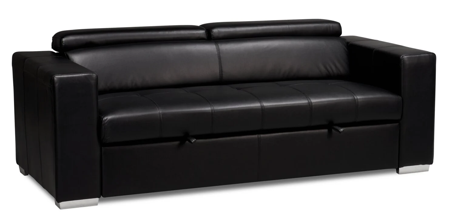 Drake 87" Leather-Look Fabric Sleeper Sofa with Pull Out Sleeper, Flip-Up Headrests and Button Tufting - Black