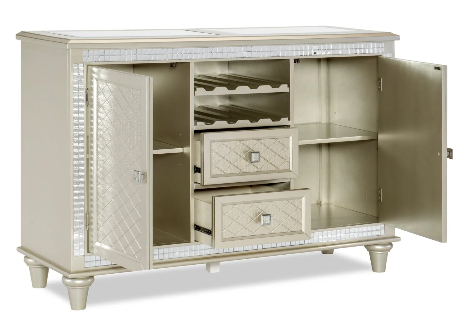 Tyra Dining Server with Storage & Built-In Wine Rack, 54"W - Silver & Champagne