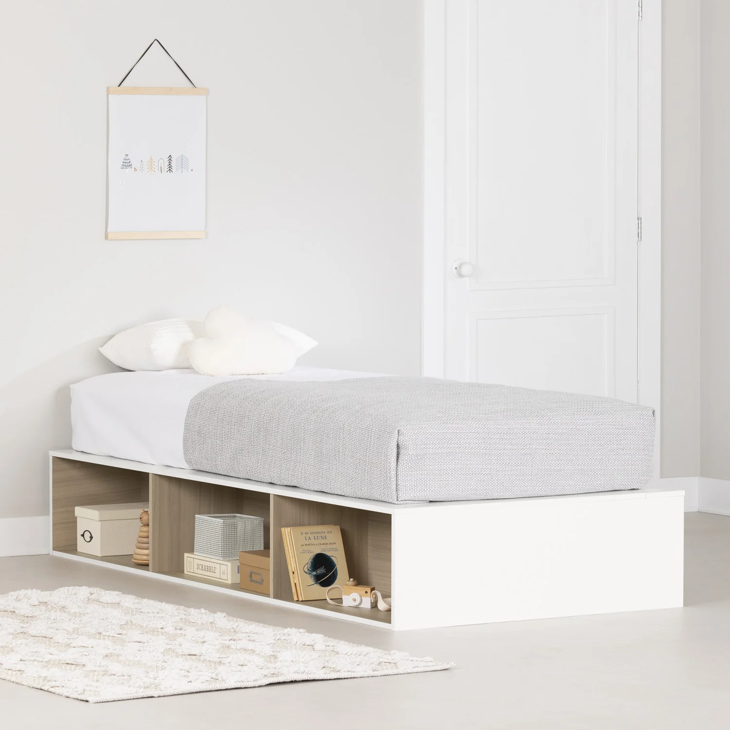 Hourra Twin Platform Bed with Open Storage - Soft Elm/White
