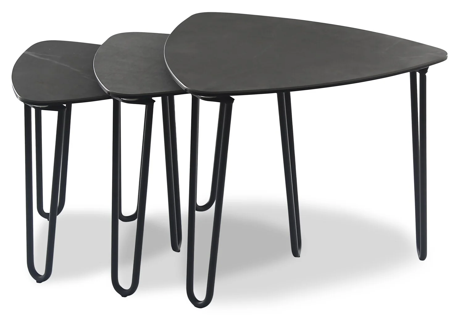 Hamilton 22" Modern Triangular 3-Pack Nesting Tables - Grey Marble Look Top with Black Metal Legs
