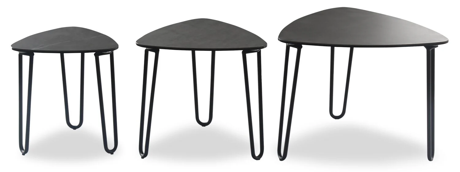 Hamilton 22" Modern Triangular 3-Pack Nesting Tables - Grey Marble Look Top with Black Metal Legs
