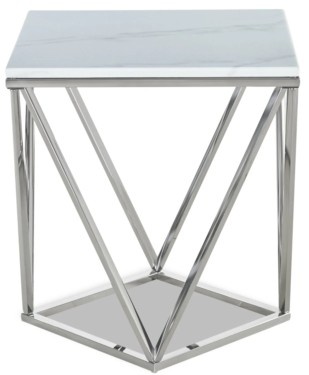 Amanda 21.5" Modern Square End Table - White Marble Top with Chrome Metal Base