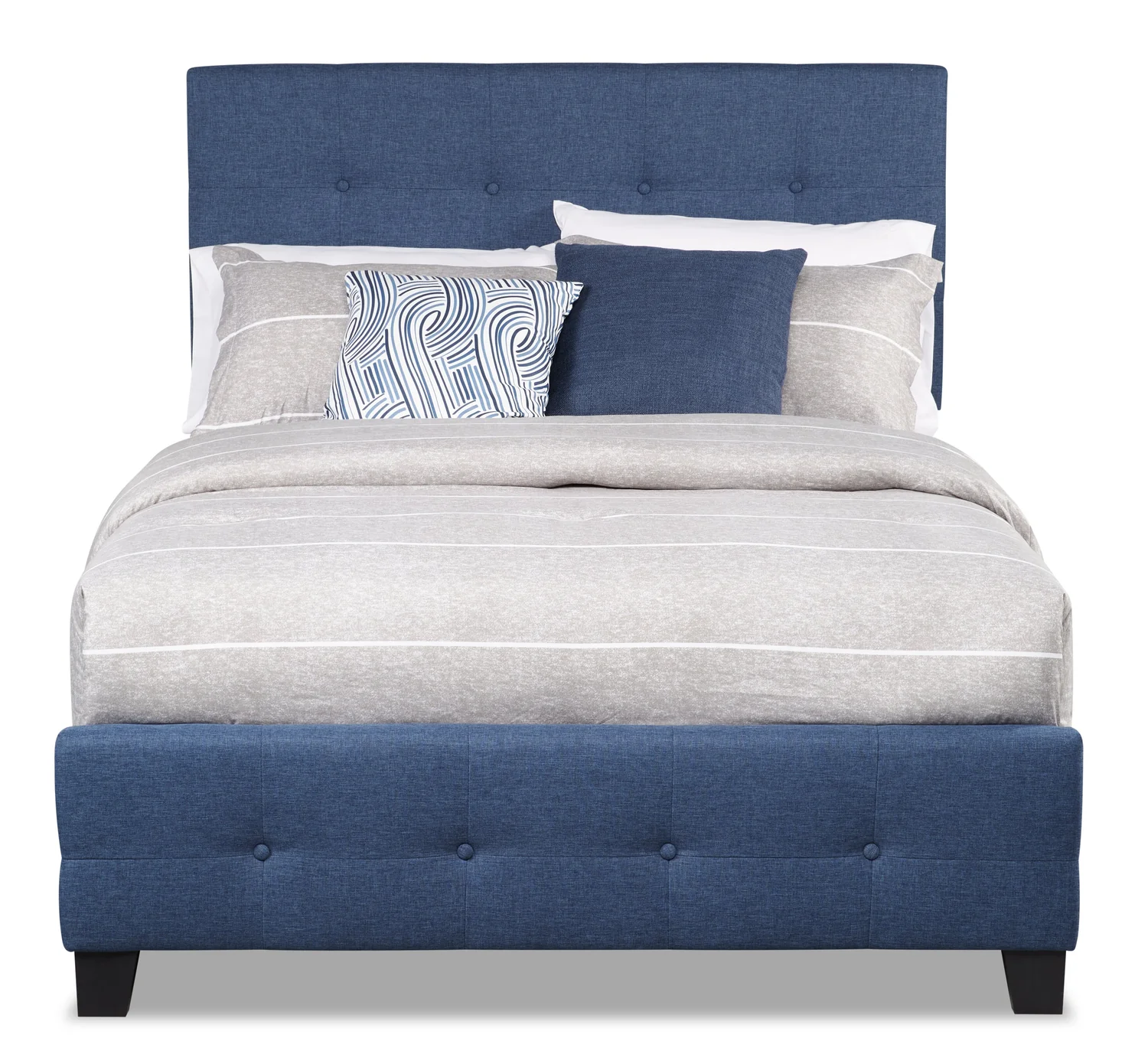 Page Upholstered Bed in Blue Linen-Look Fabric, Button Tufted - Full Size