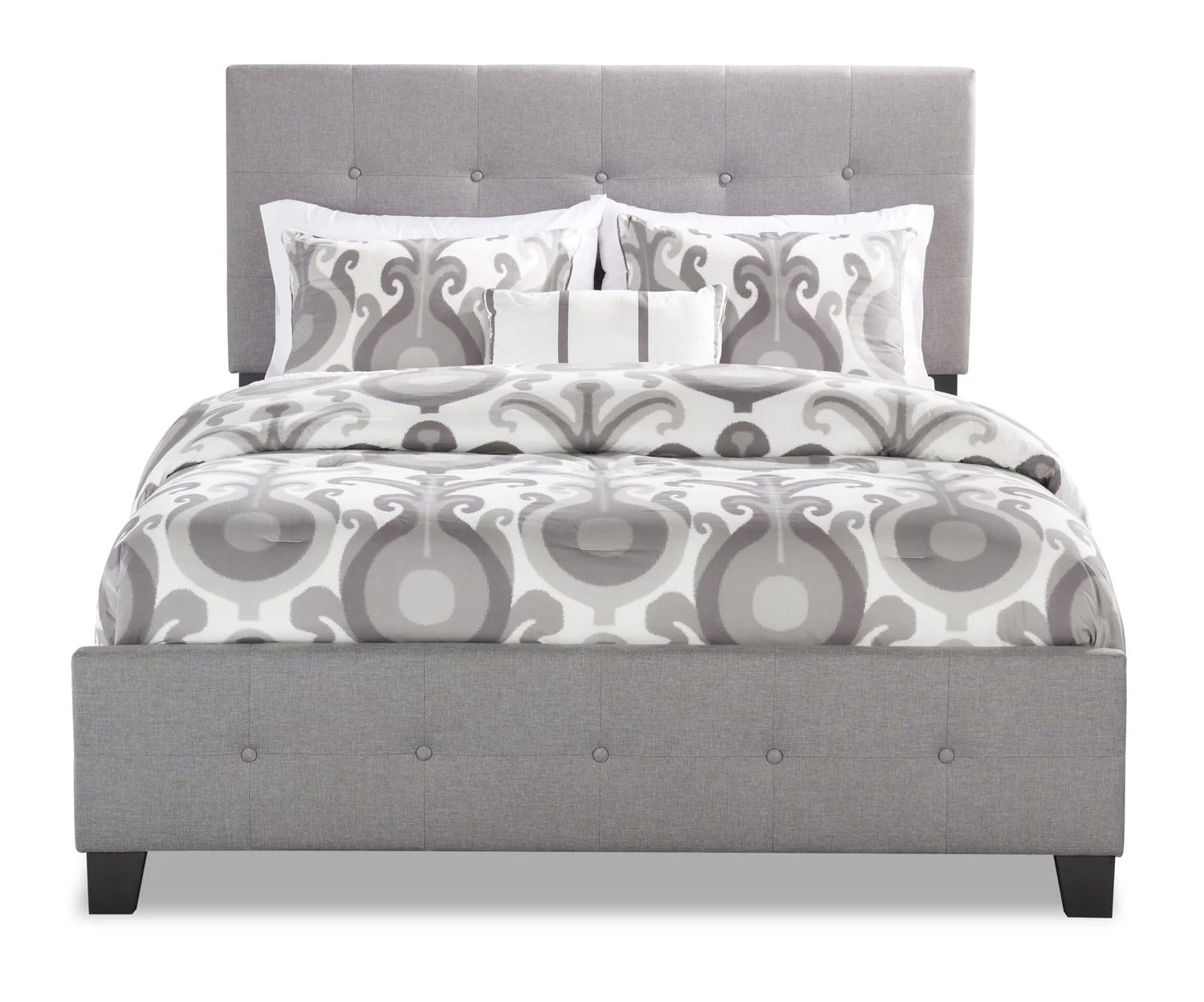 Page Upholstered Bed in Grey Linen-Look Fabric, Button Tufted - Queen Size