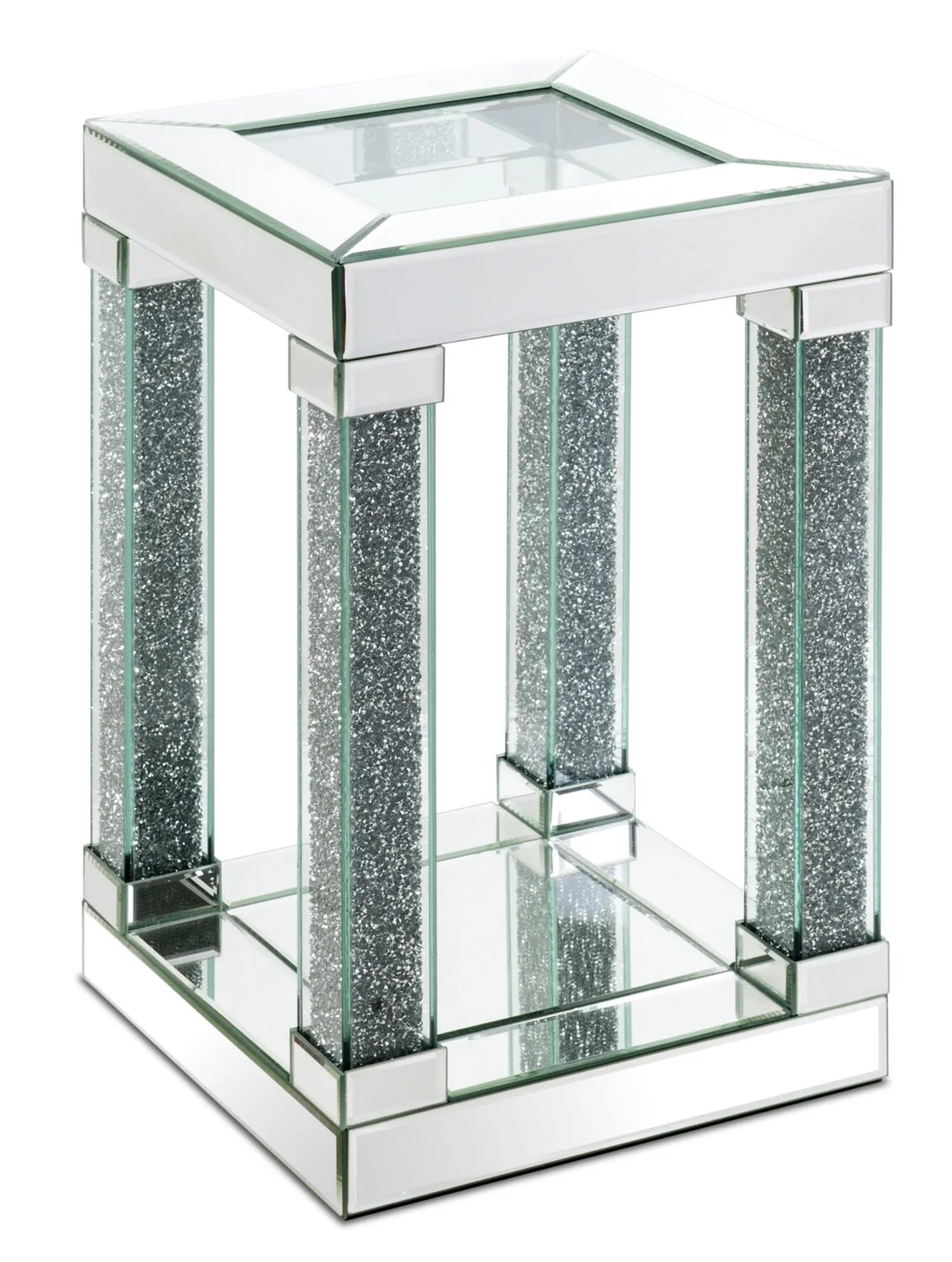 Berni 12" Glam Mirror & Glass Top Chairside Table with Shelf - Silver Metal with Diamond Look Legs
