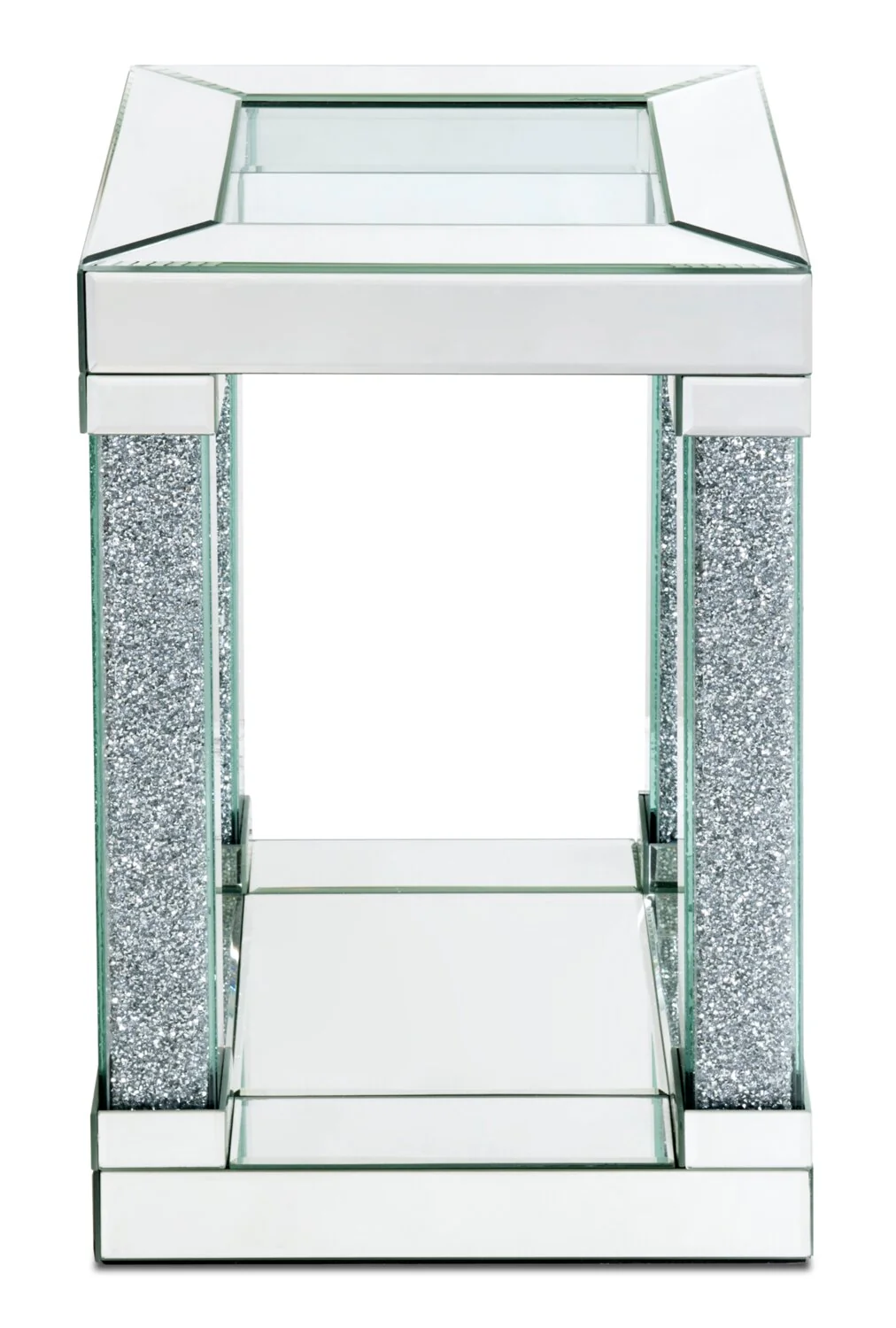 Berni 12" Glam Mirror & Glass Top Chairside Table with Shelf - Silver Metal with Diamond Look Legs