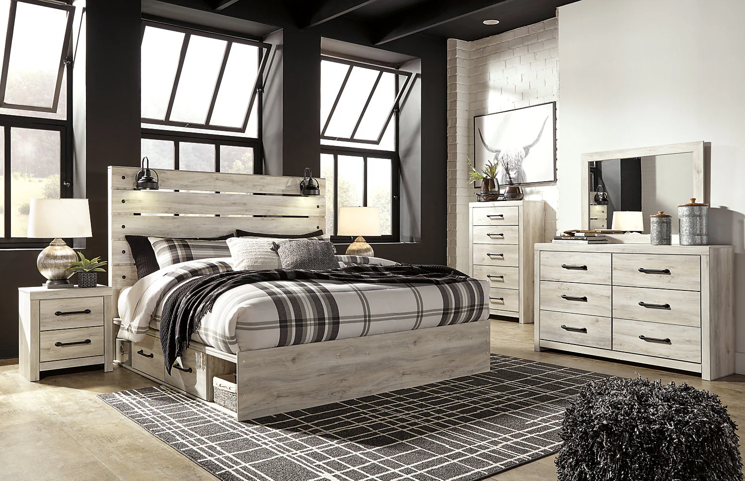 Abby 6pc Bedroom Set with Side Storage Bed, Dresser, Mirror & Nightstand, LED, USB, White - King Size