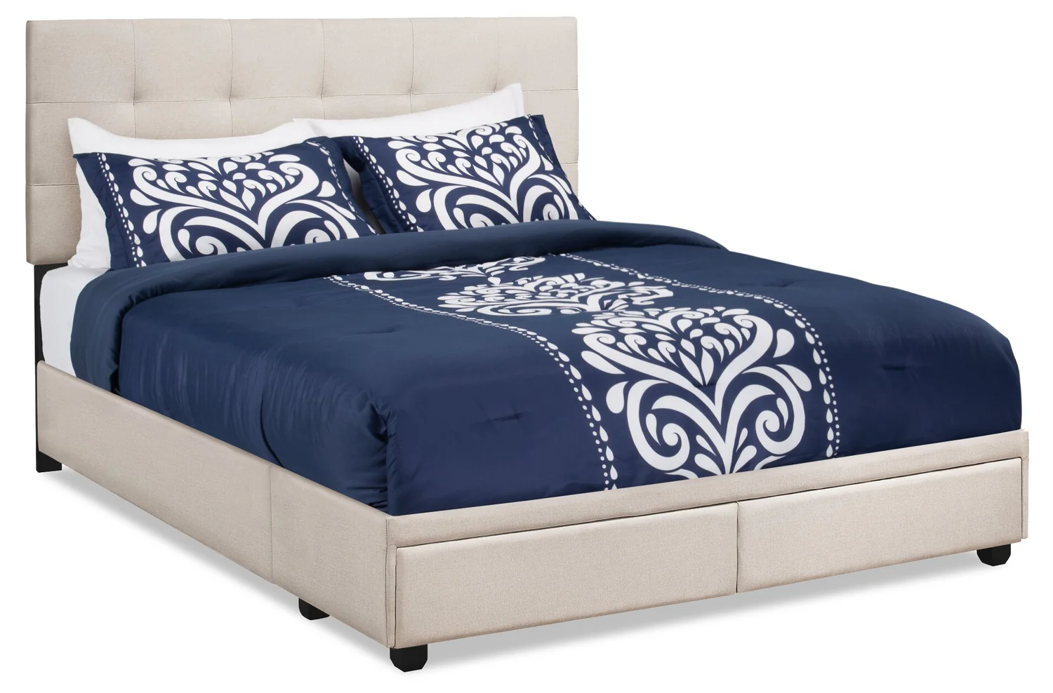 Minka Upholstered Storage Platform Bed in Beige Fabric, Tufted - Queen Size
