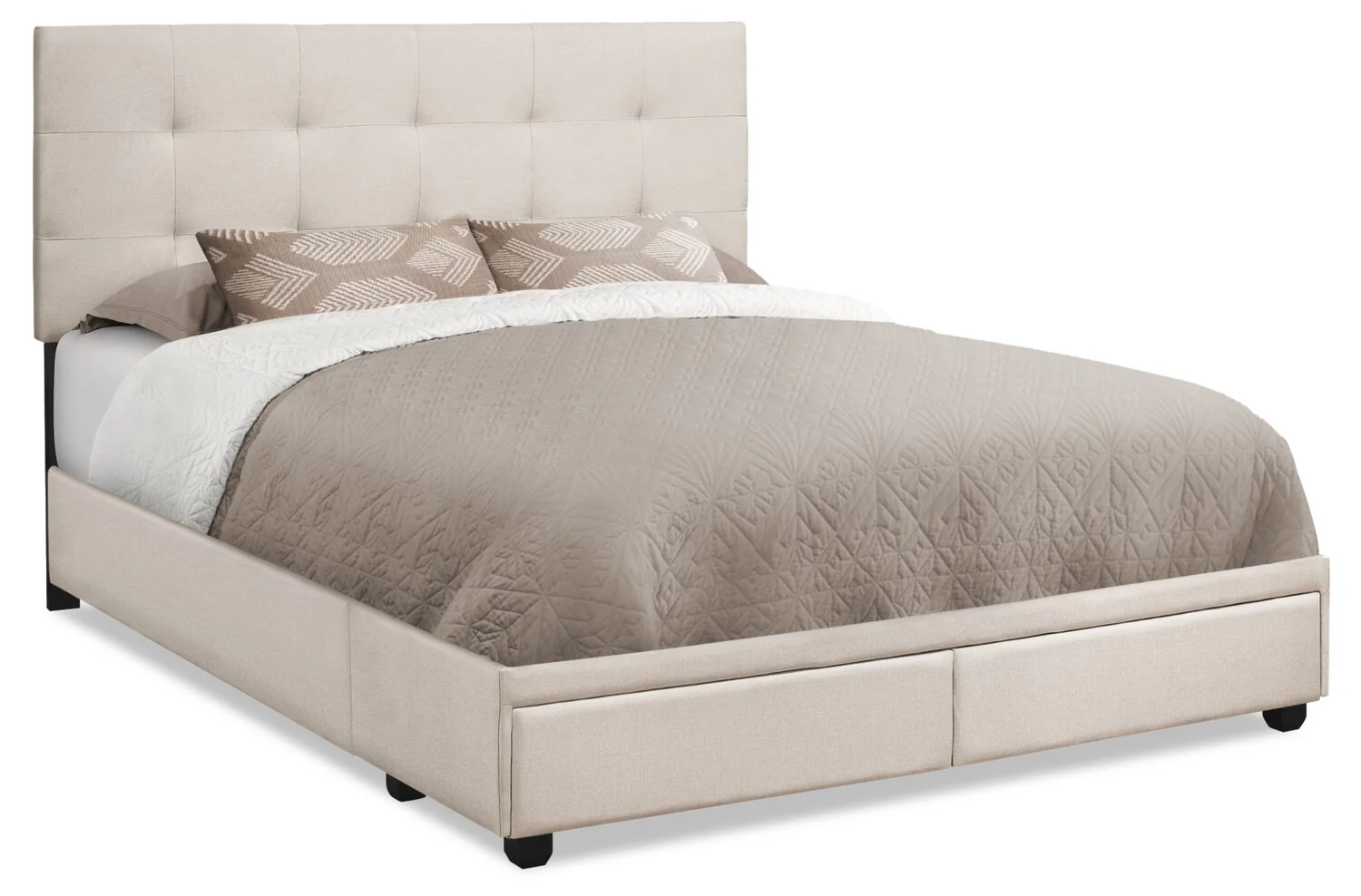 Minka Upholstered Storage Platform Bed in Beige Fabric, Tufted - Queen Size