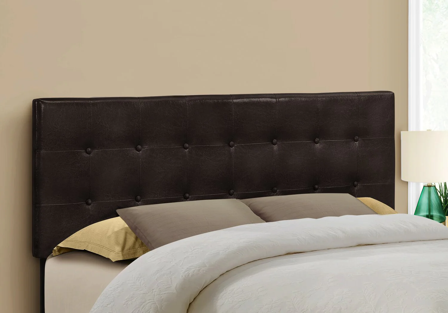 Estel Upholstered Headboard in Brown Vegan Leather Fabric, Button Tufted - Queen Size